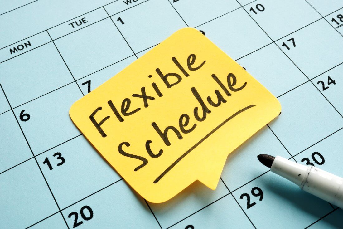 A schedule with a post-it on it saying flexible schedule