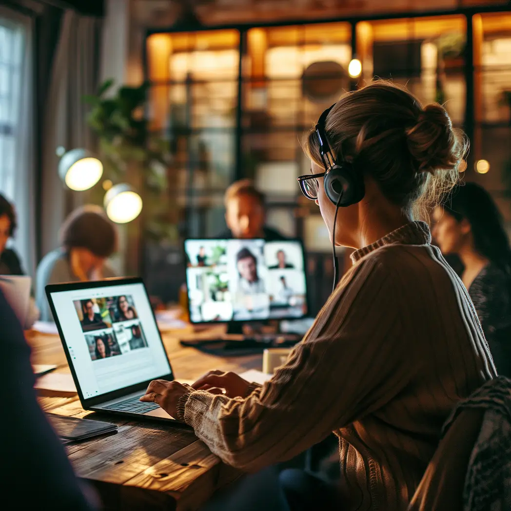 People communicating in the office and on video