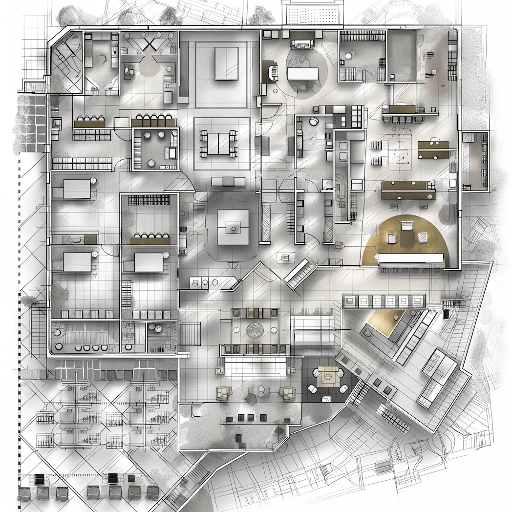 A space management plan showing zones, areas and desks