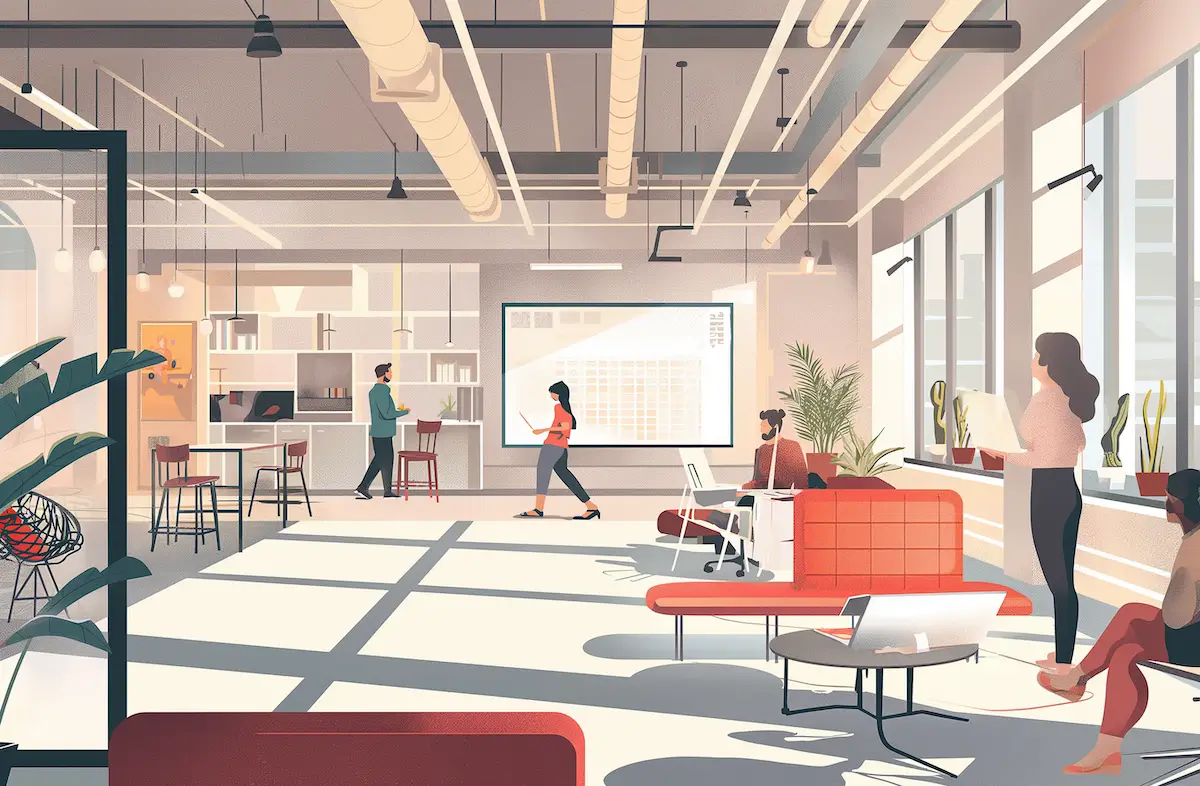 graphic of people working around a big screen in a hybrid office